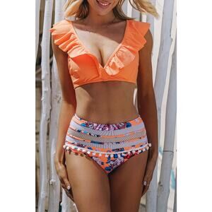 NWT Orange Ruffle Halter Top Floral High Waist Bottom Bikini Swimsuit - Small
